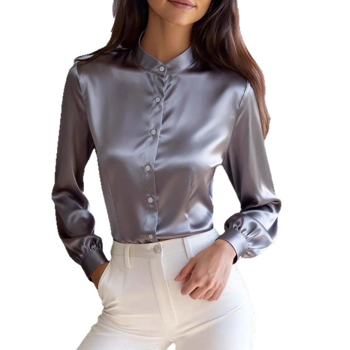 Women's autumn solid colour stand collar button long sleeve polyester shirt in black white and apricot