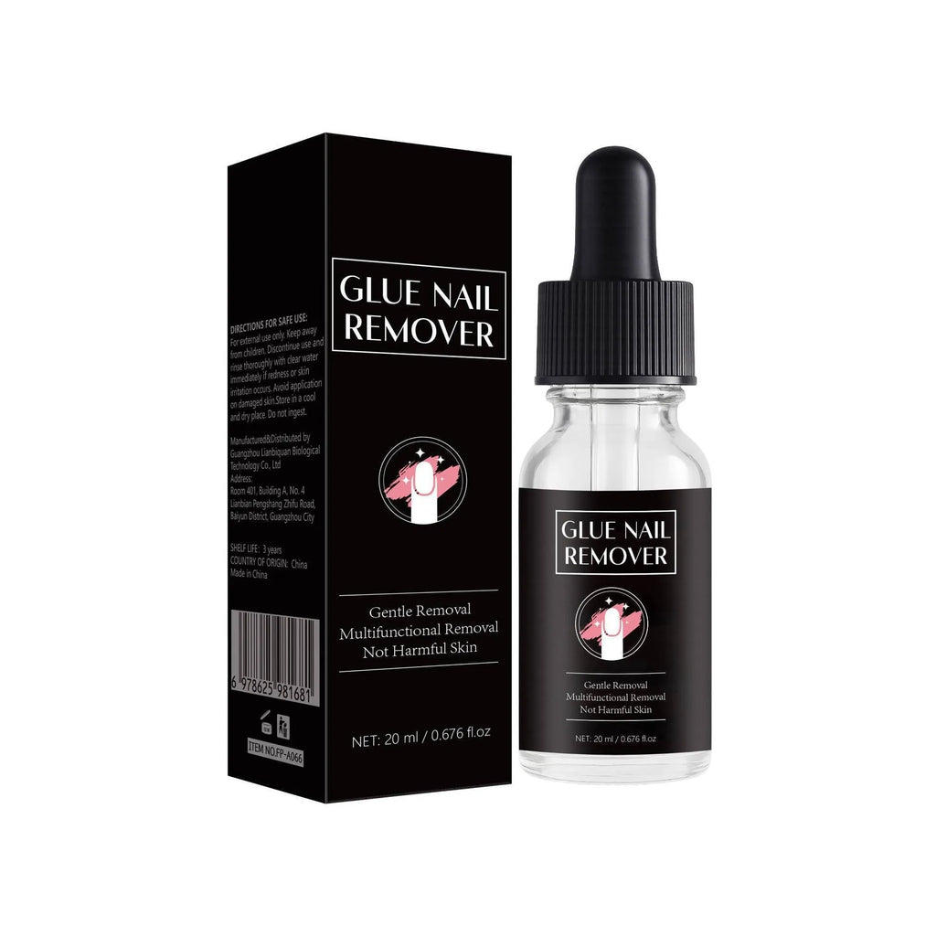 20ml bottle of nail glue remover with attached applicator brush for removing false nail adhesive.