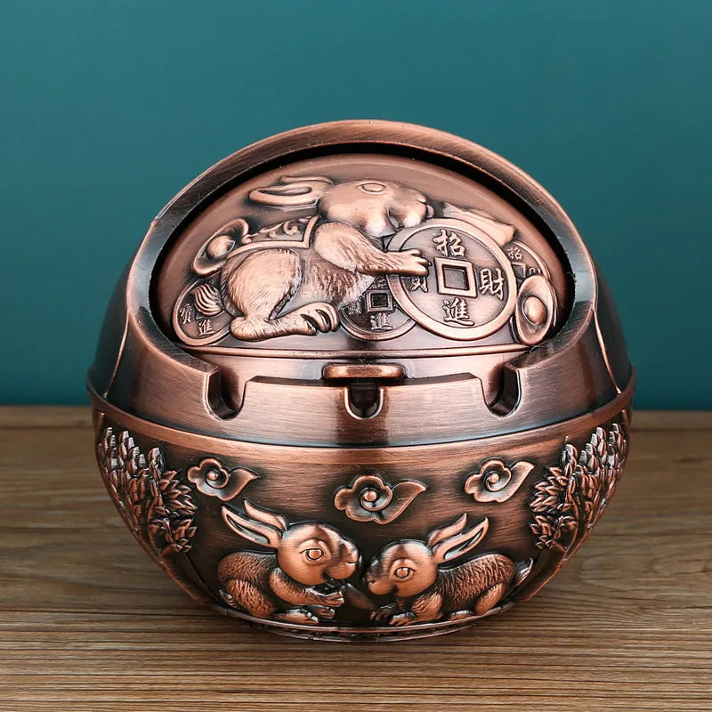 XL decorative alloy ashtray with smoke slot in bronze finish showing dragon and phoenix design