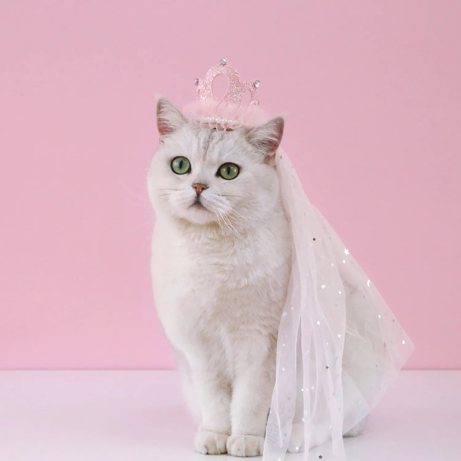 A cat wearing a princess crown headdress with a soft veil, available in beige or pink.