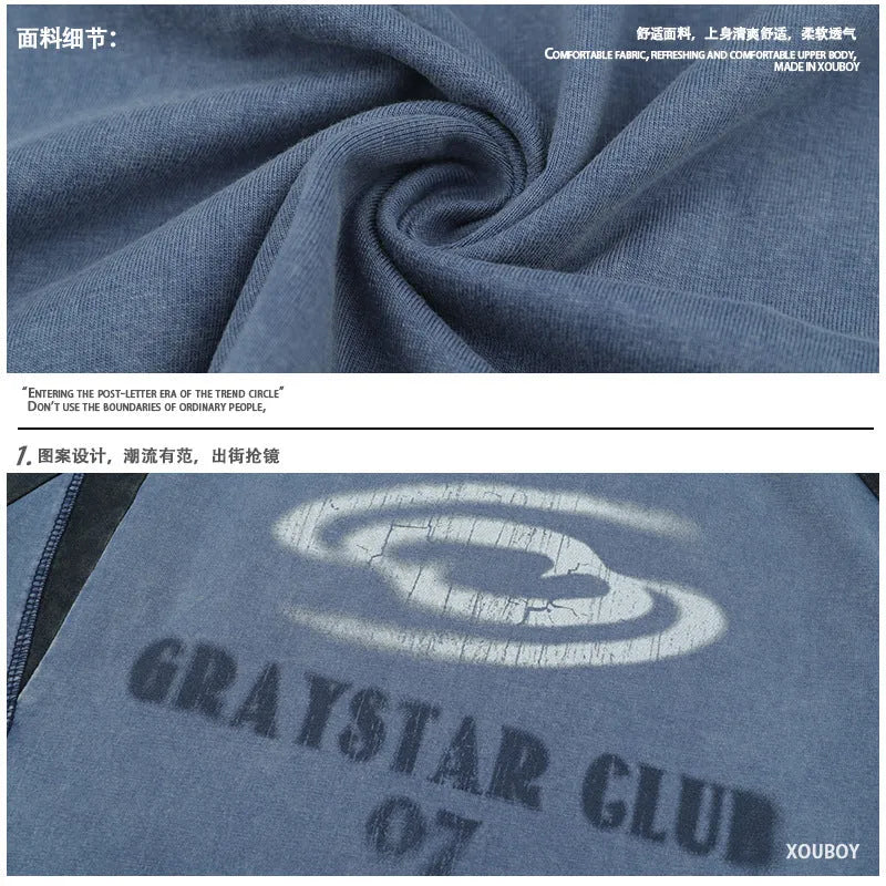 Men's blue hip hop letter print T-shirt with raglan sleeves, loose fit casual style
