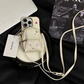 Crossbody wallet phone case with rhinestone design and removable shoulder strap in antique white
