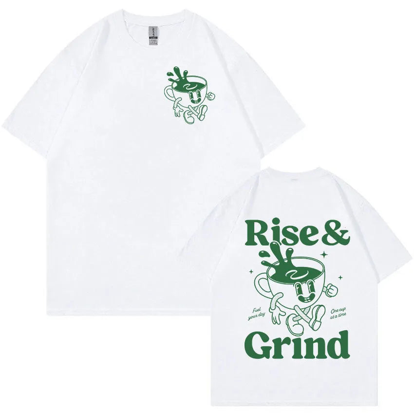 Men's loose fit linen blend t-shirt with Rise And Grind green coffee cartoon print design