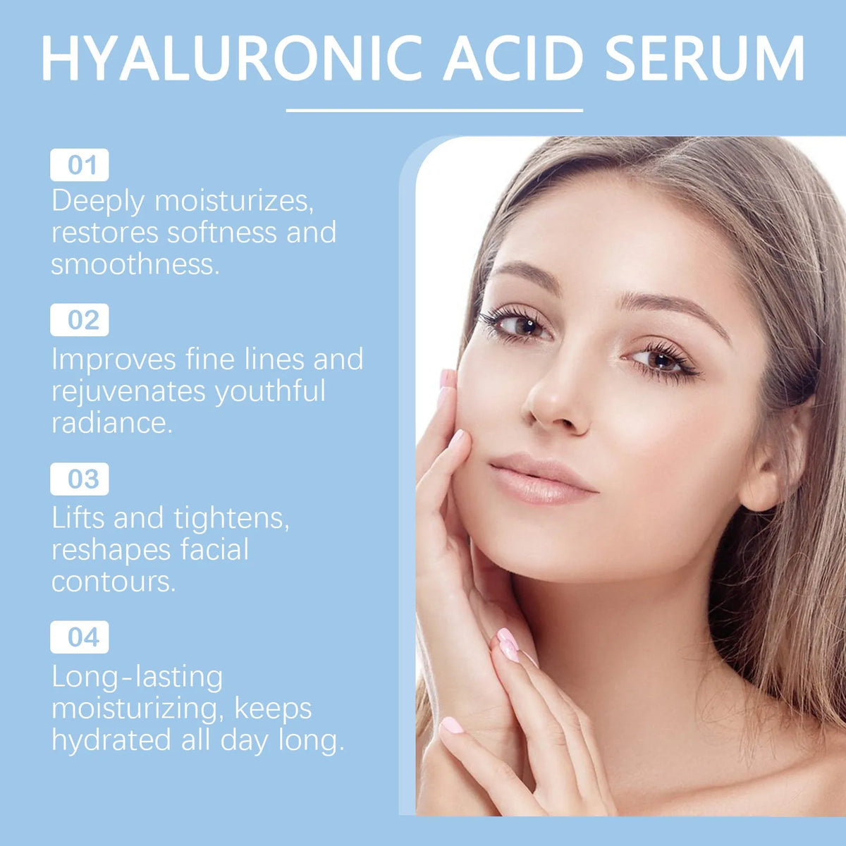 30ml facial moisturising essence in a clear bottle, 3.8 x 3.8 x 8.6 cm, with ingredients list showing glycerol and hyaluronic acid.