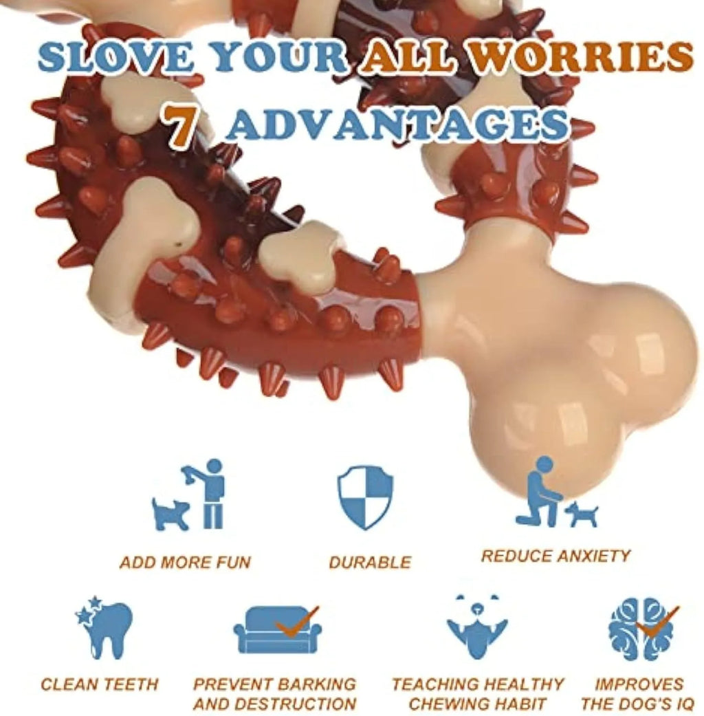Bone-shaped natural rubber dog molar chew toy for teeth grinding, shown in large and small sizes.