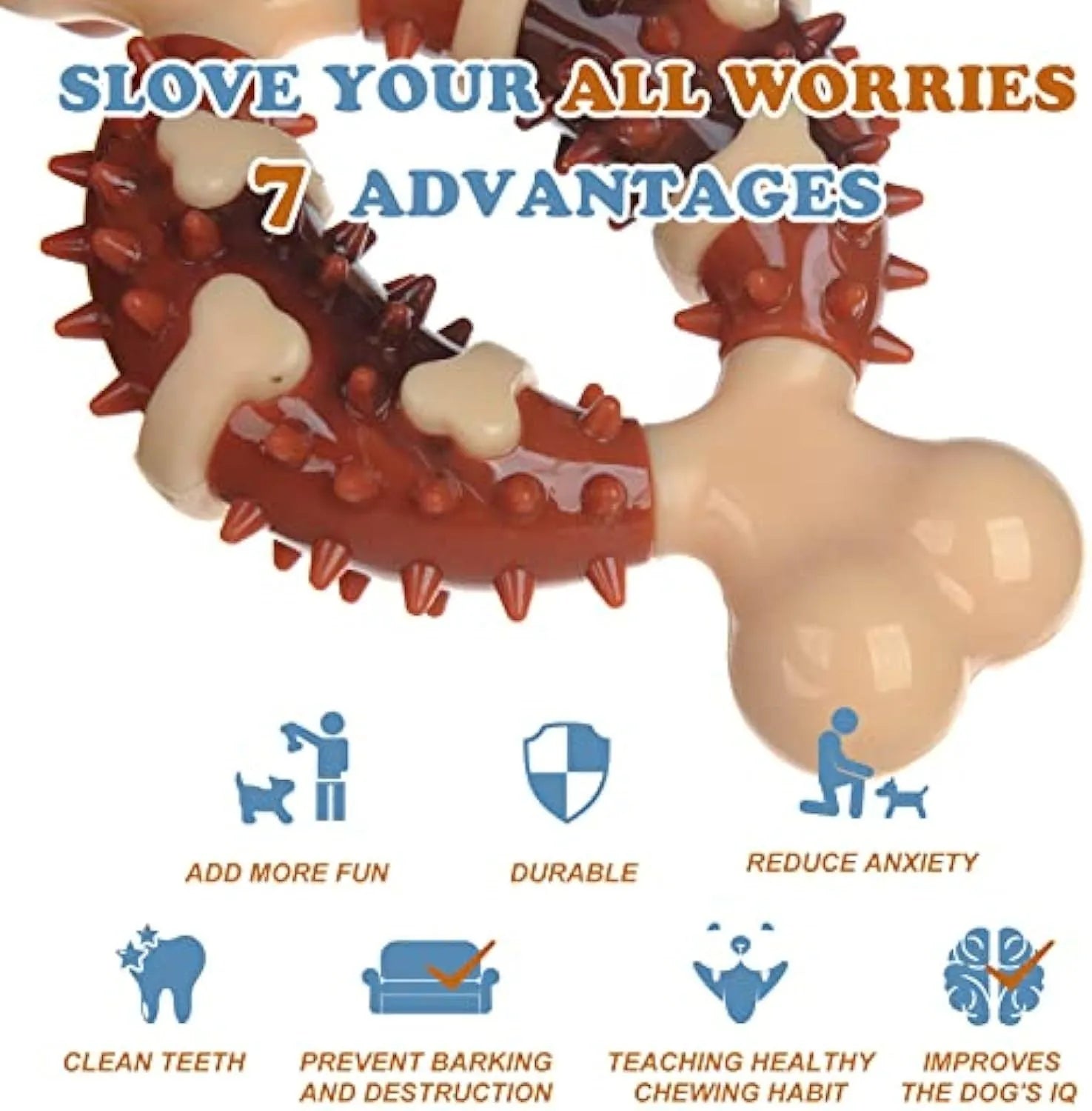 Bone-shaped natural rubber dog molar chew toy for teeth grinding, shown in large and small sizes.