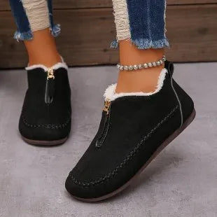 Women's casual solid colour suede retro snow boots, low-top, cotton lining, rubber sole, available camel and black