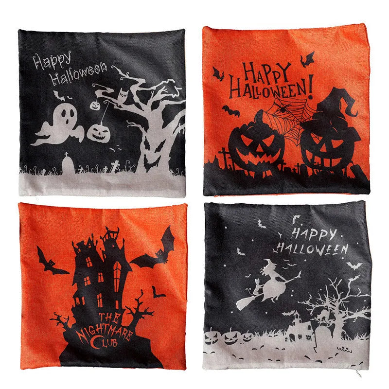 Square Halloween throw pillowcase 43x43cm in four styles: Castle, Ghost, Pumpkin, Witch on a couch