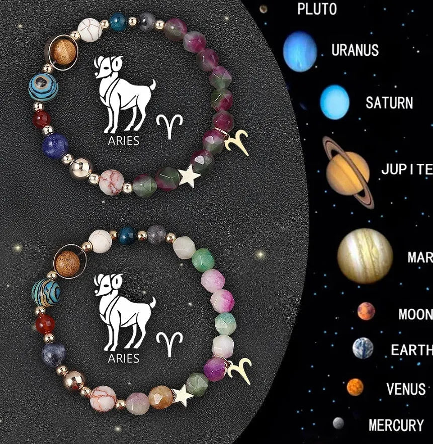 Set of twelve natural stone beaded bracelets on a table, each representing a different zodiac sign with elastic cords.