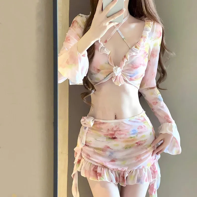 Women's floral bikini swimsuit set in cherry blossom pink colour with polyester fabric
