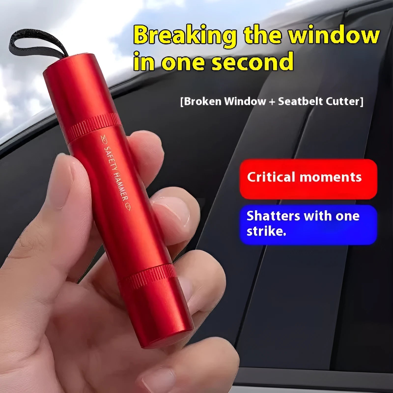 Black and red car safety life hammer with spring-loaded centre punch for emergency window breaking