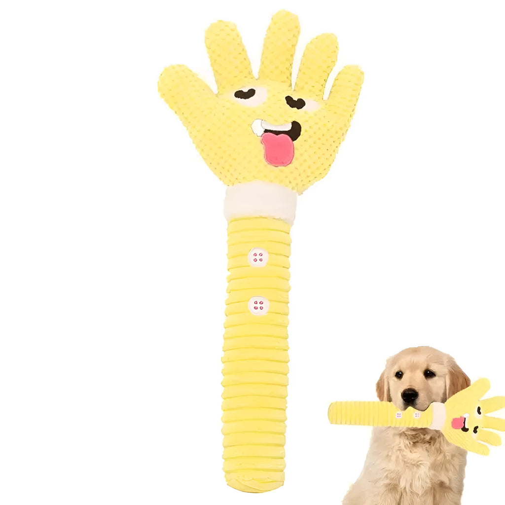 Yellow palm-shaped squeaky plush dog teething toy with bite-resistant fabric, soft texture, and compact size for puppy chewing play
