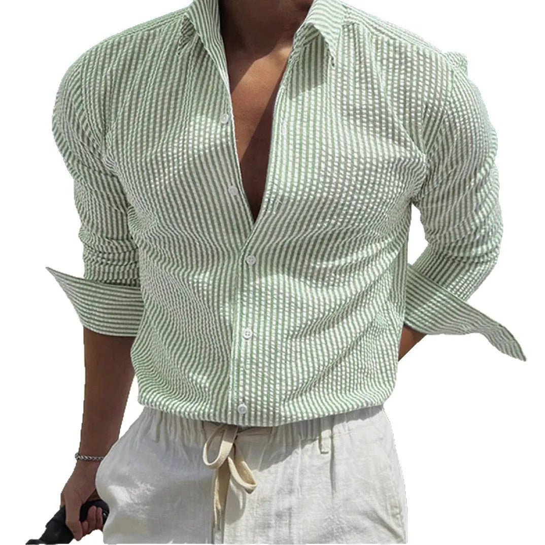Men's striped cardigan lapel shirt in polyester available in multiple colours with long sleeves