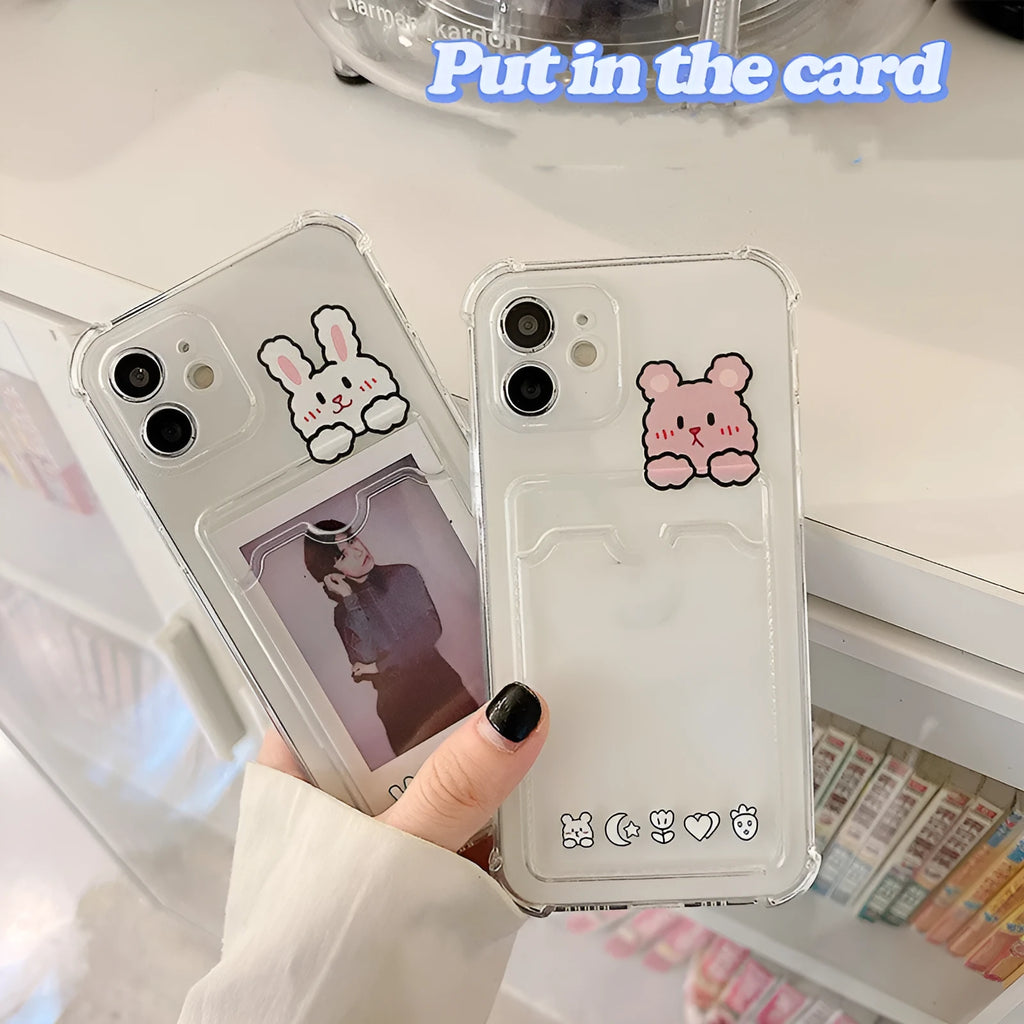 Cartoon design transparent TPU phone case with card slot for Apple iPhone