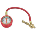Red and black mechanical tyre pressure gauge with dial showing 0-5 BAR scale and rubber shell.