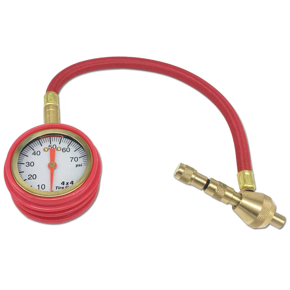 Red and black mechanical tyre pressure gauge with dial showing 0-5 BAR scale and rubber shell.