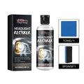 Headlight restorer kit showing PET bottle, microfibre cloth and sponge applicator for car headlight cleaning.