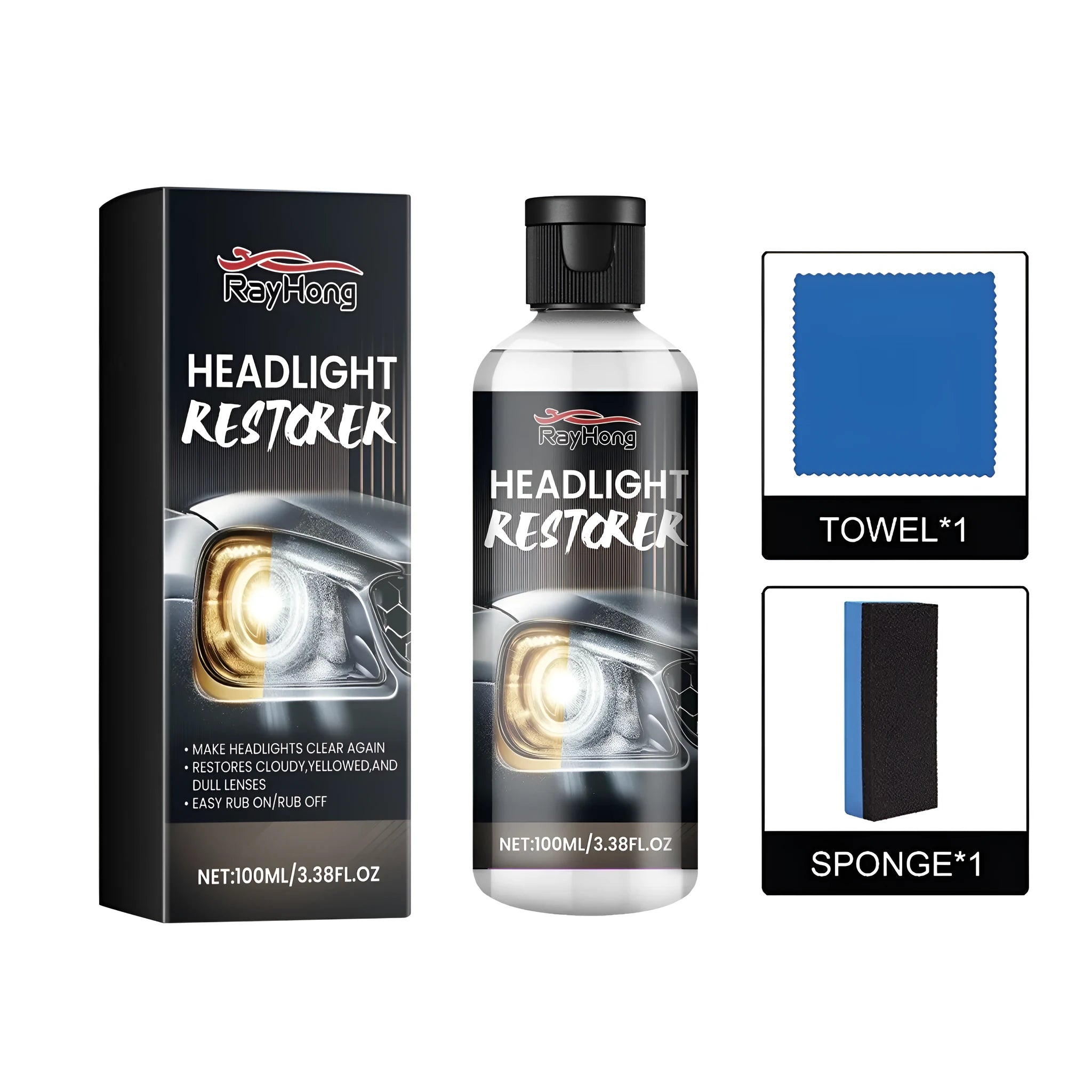 Headlight restorer kit showing PET bottle, microfibre cloth and sponge applicator for car headlight cleaning.