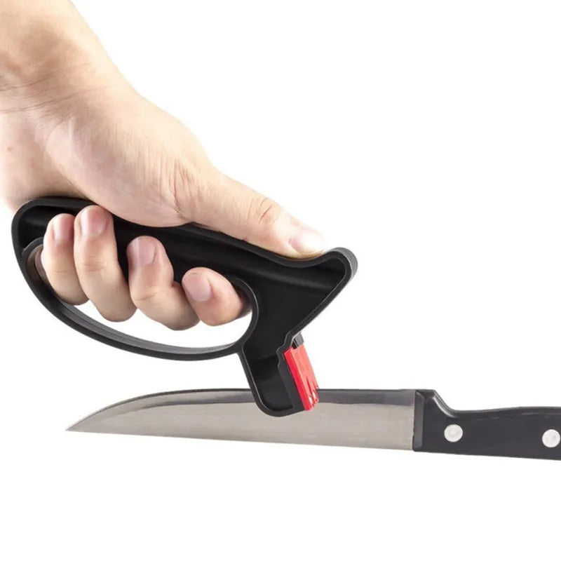 Handheld 2-in-1 black knife and scissor sharpener with tungsten steel blade on white background