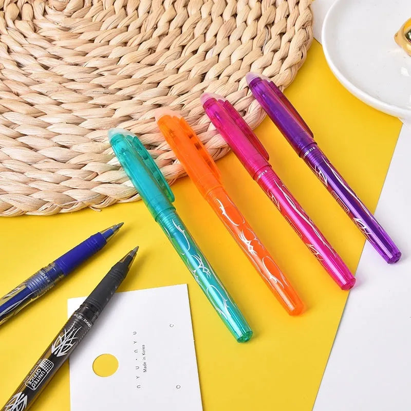 Heat-erasable gel pen set showing multiple colours with stainless steel nibs for temporary writing