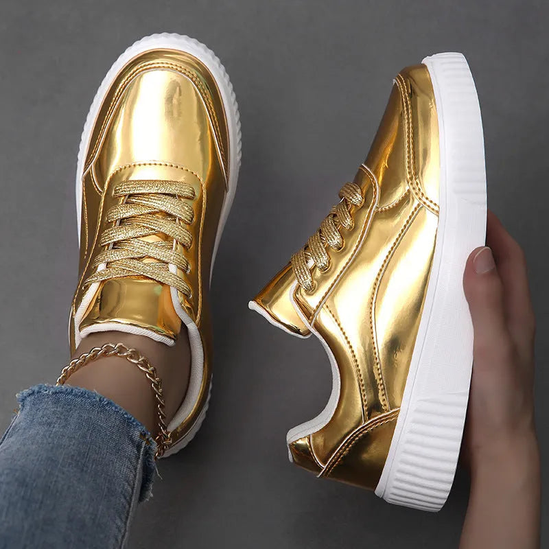 Rose gold sequinned platform sneakers with a thick MD sole and round toe on a white background.