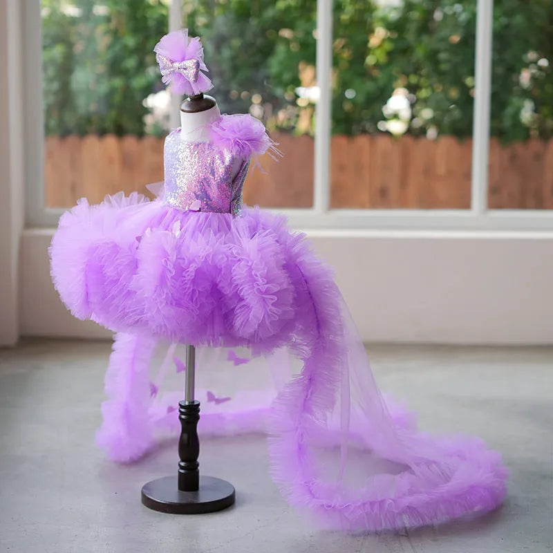 Spring colorful sequined girl's small host dress in taro purple with polyester lining