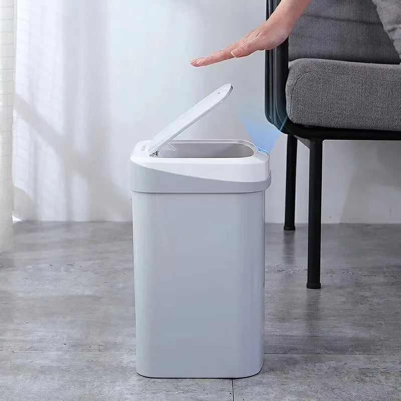 Smart induction trash can in black with lid closed, stereo dual-mode sensor bin for kitchen or toilet use