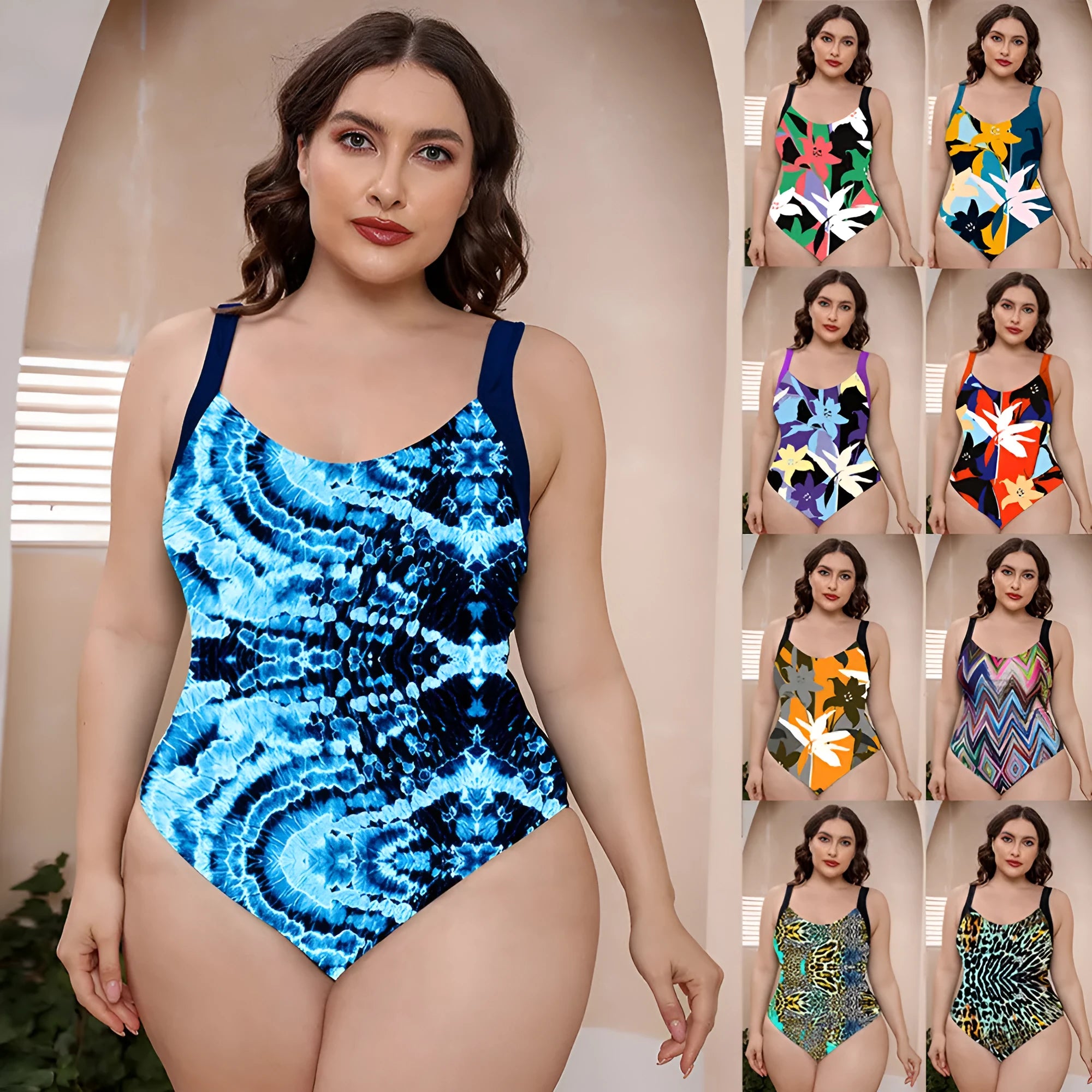 Conservative vest-style one-piece floral print swimsuit with spaghetti straps on a mannequin.