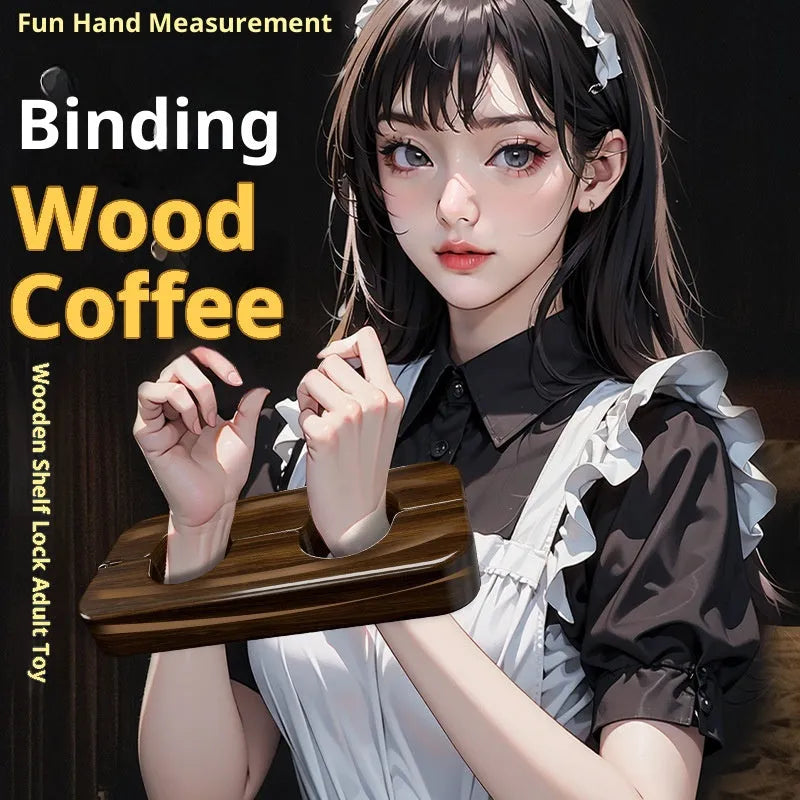Pear wood alloy binding restraints: finger clip and wooden shackle in large and small sizes.