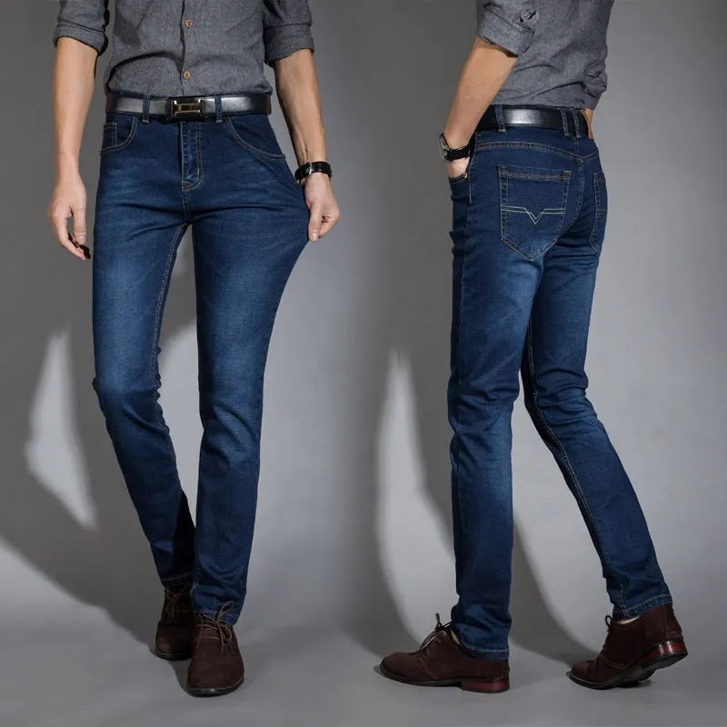 Men's autumn super-stretch loose straight jeans in light blue with high waist and zipper fly