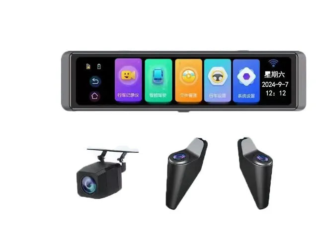 12-inch black 4K streaming rearview mirror with 360-degree blind zone warning and touch screen