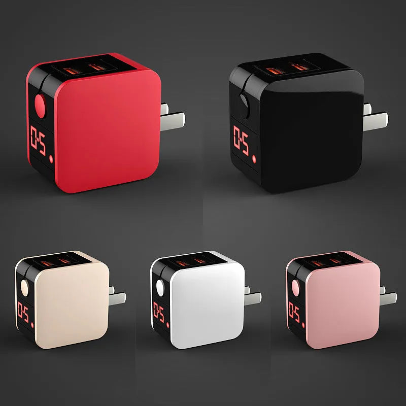 5V2A dual USB fast travel charger with digital display in black, white, or red colour options