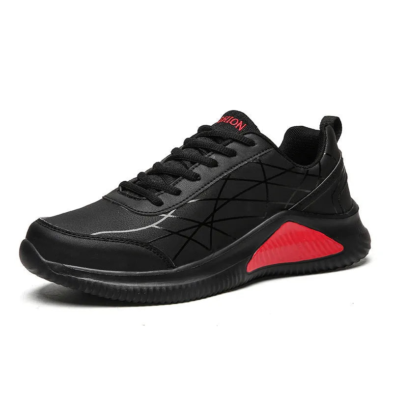 Men's casual running shoes with microfiber upper, mesh lining, PU sole, in black red, black gold, or black and white, sizes 39-44