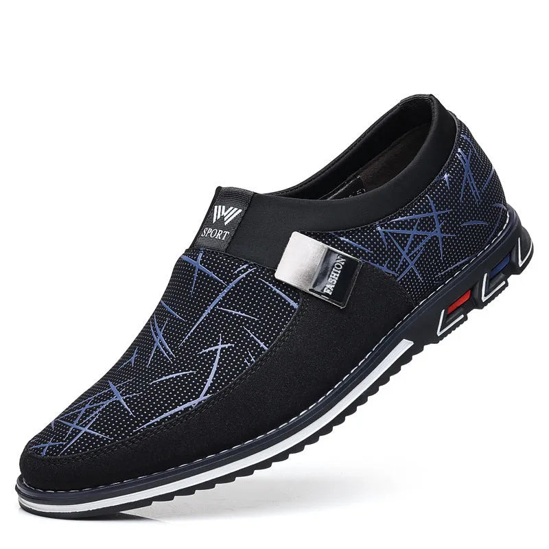 Men's synthetic leather casual shoes in black with a square toe and flat rubber sole.