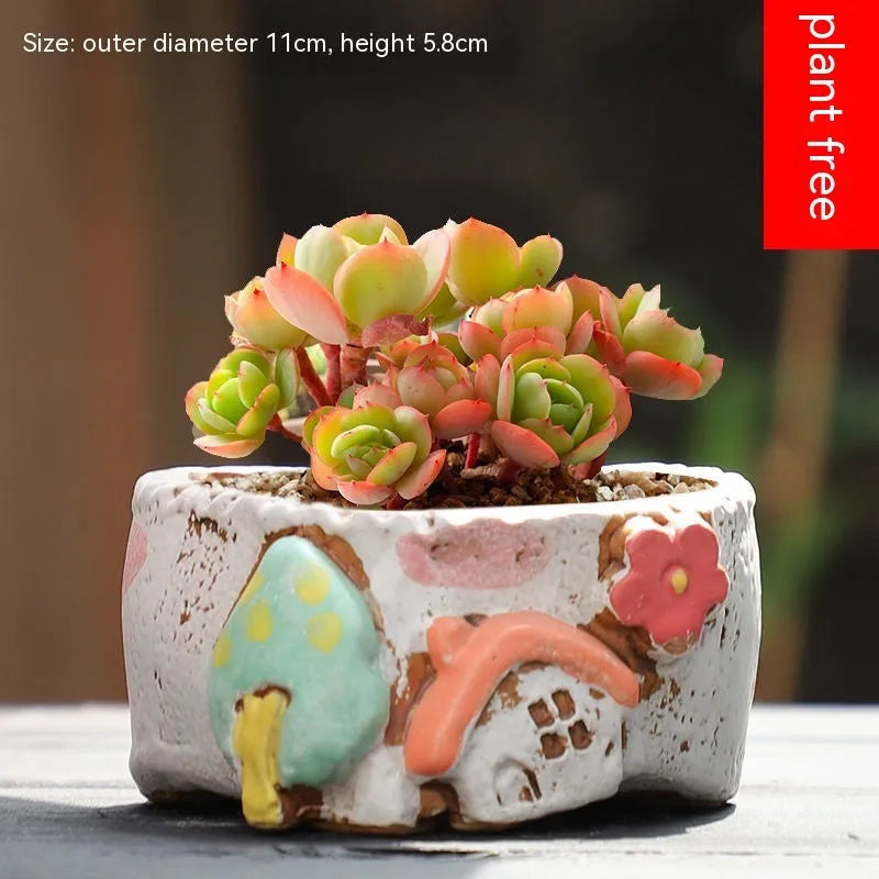 Hand-painted ceramic combination pot with cute pastoral decoration for succulent and flower displays