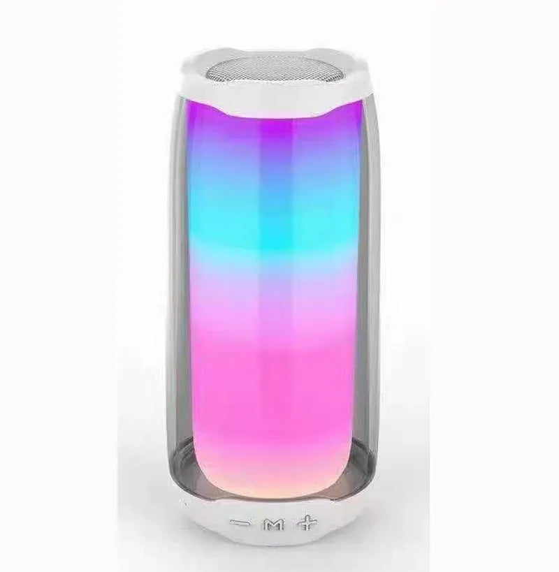 Bluetooth speaker with colourful light effects, subwoofer, and plastic shell, 96x96x210mm