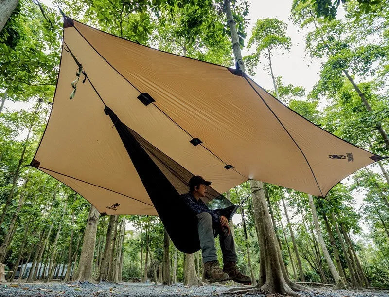 Brown nylon butterfly-shaped sunscreen awning 4x4m with waterproof coating for camping and barbecue leisure use
