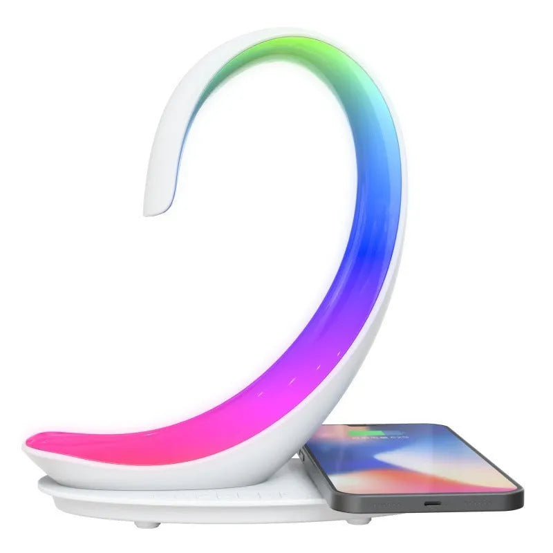 White Swan animal figure desktop wireless charger with Bluetooth speaker and colourful atmosphere light.