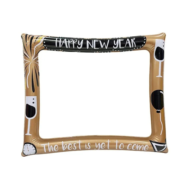 Red and white Christmas-themed inflatable photo frame prop with festive designs.