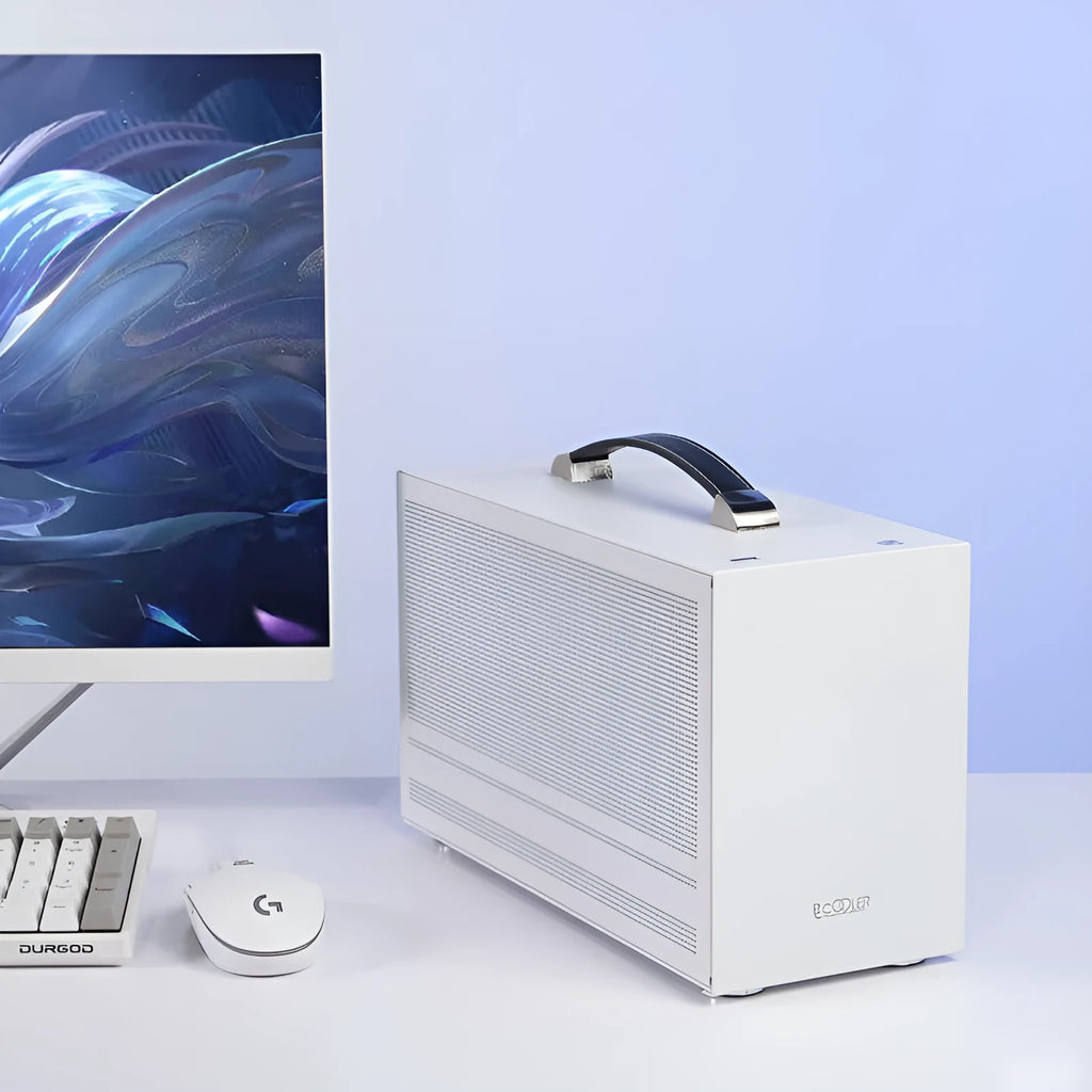 Three Hummingbird Portable mini-ITX desktop computer case in titanium grey and white finish options