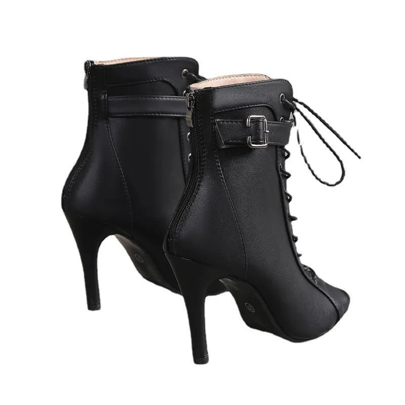 Black women's peep toe high heel pumps with lace-up buckle straps, back zipper, PU upper, and rubber sole.