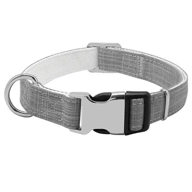 Custom engraved nylon dog collar with semi-alloy lock and D-ring, available in red, blue, and orange