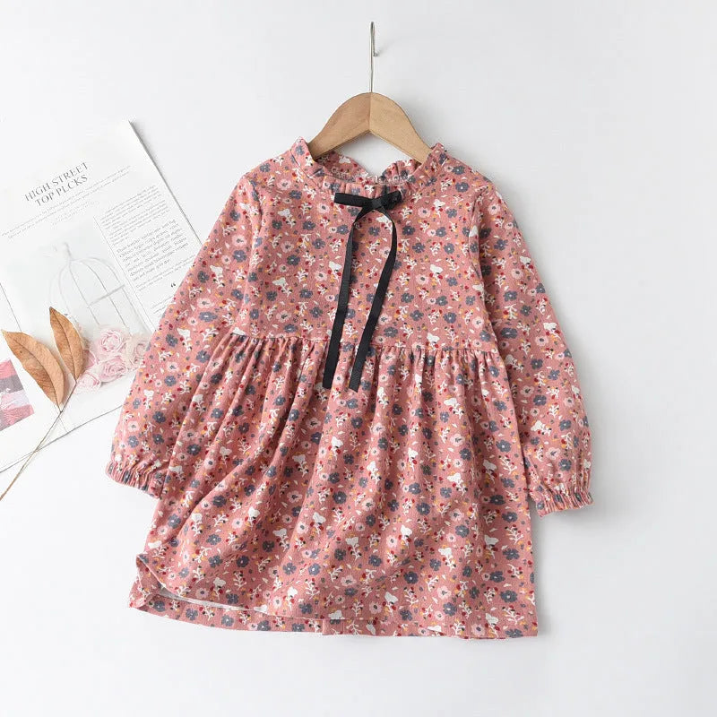 Girls' floral cotton long sleeve princess dress with ribbon bowknot in pink, gray, green or gold, sizes 90cm to 150cm.