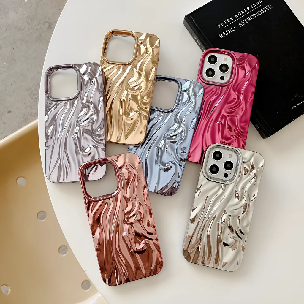 Three-dimensional pleated TPU phone case for Apple iPhone with electroplating finish in pink colour