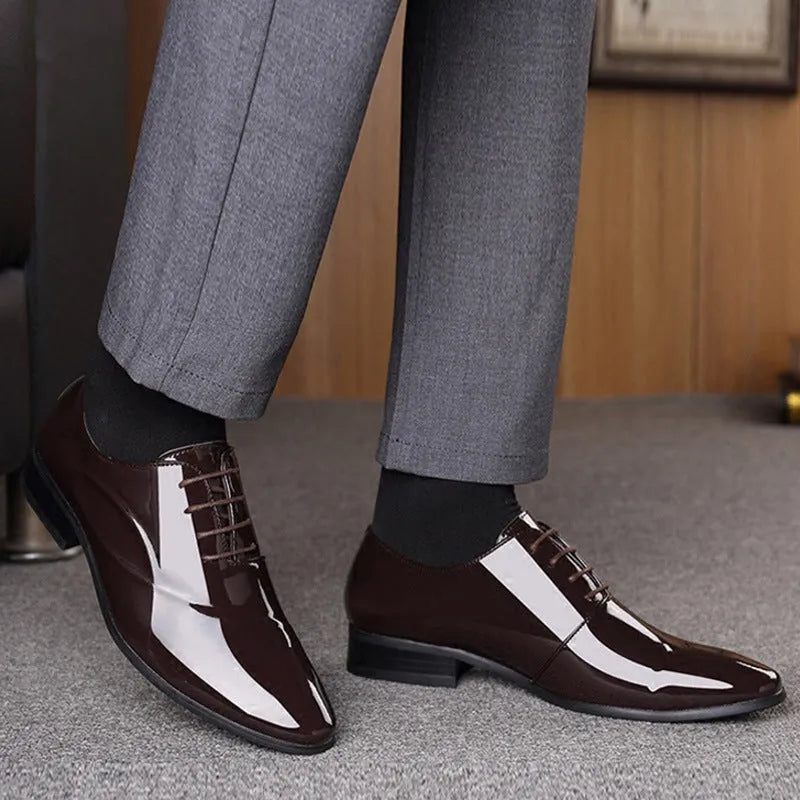 Men's black and brown pointed toe formal business shoes made from artificial PU leather.