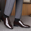 Men's black and brown pointed toe formal business shoes made from artificial PU leather.