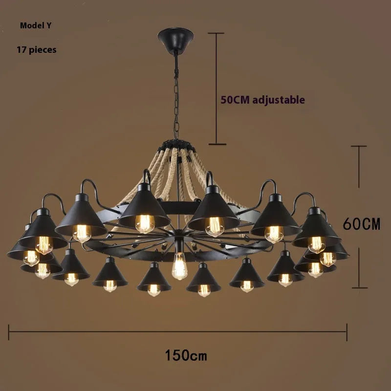 Industrial iron ceiling lamp with hemp rope wrapping, 800mm size, for living room or restaurant