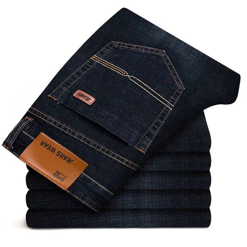 Men's stretch slim straight business casual jeans in blue cotton denim, available in sizes 28 to 40