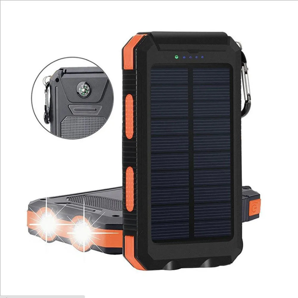 Black solar power bank with compass, LED flashlight, and 20000mAh capacity for mobile phone charging.