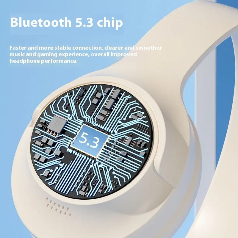Wireless Bluetooth headset in beige with head-mounted design and ear cups, neutral background